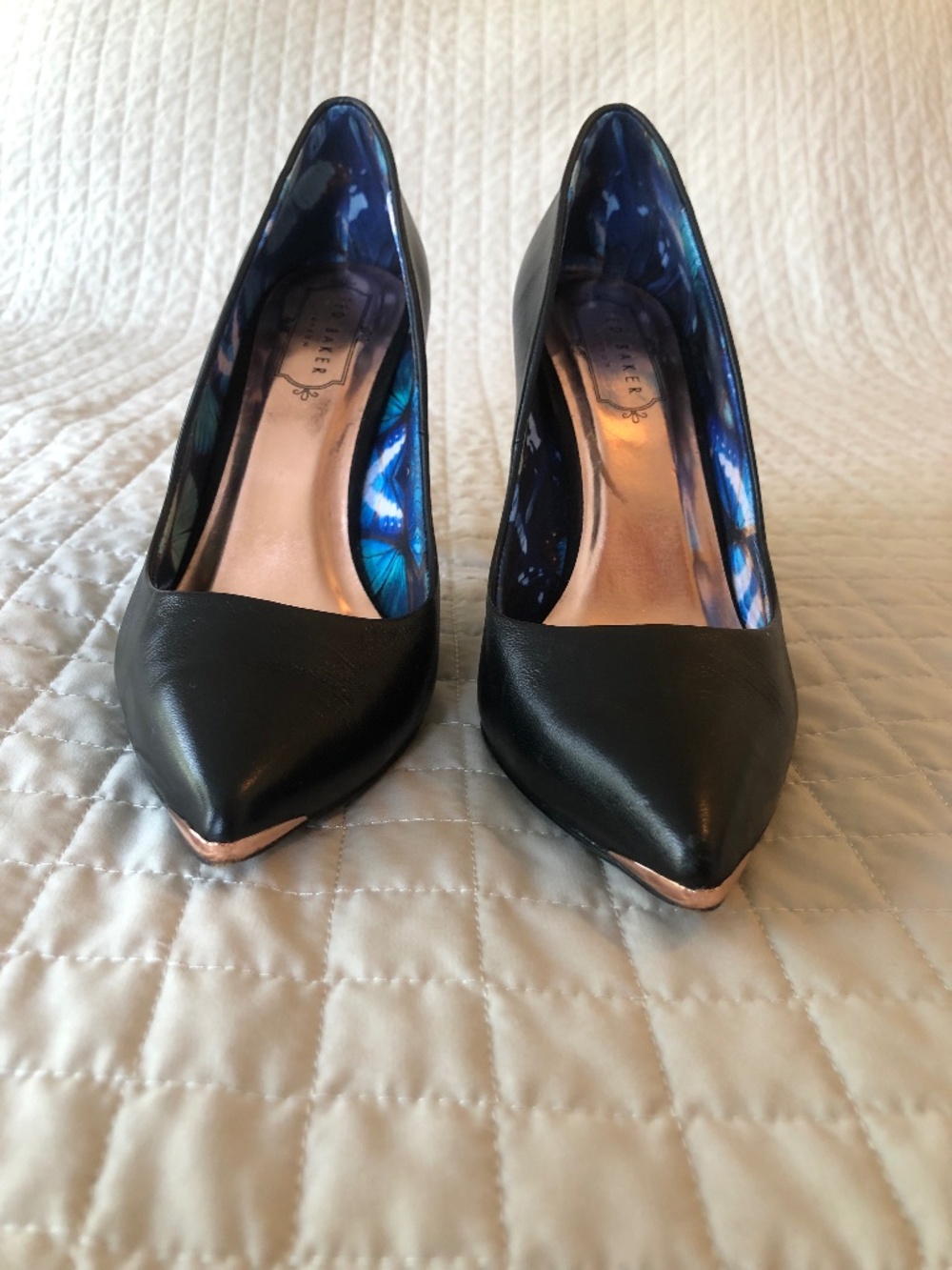Ted Baker London Black Pumps Rose Gold Trim Butterfly Lining 37